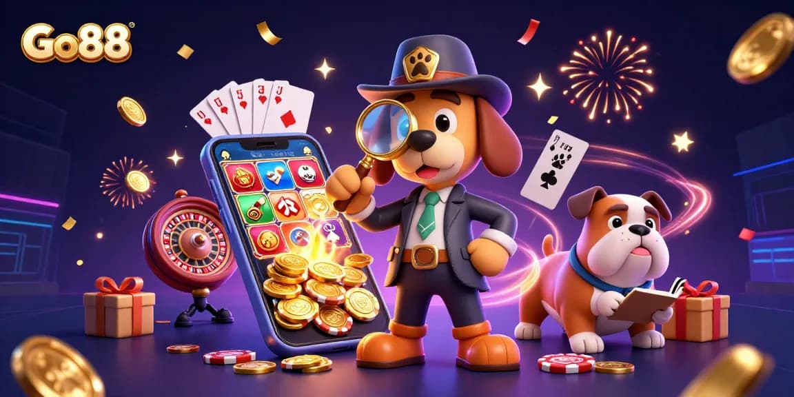 Experience the adventure at Go88 with a detective examining a poker chip within a vibrant casino scene.
