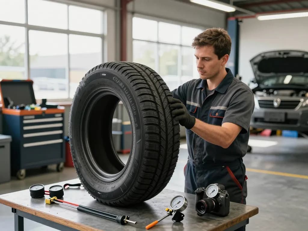 Mechanic inspecting a Double Coin RR99 tire in an automotive workshop.