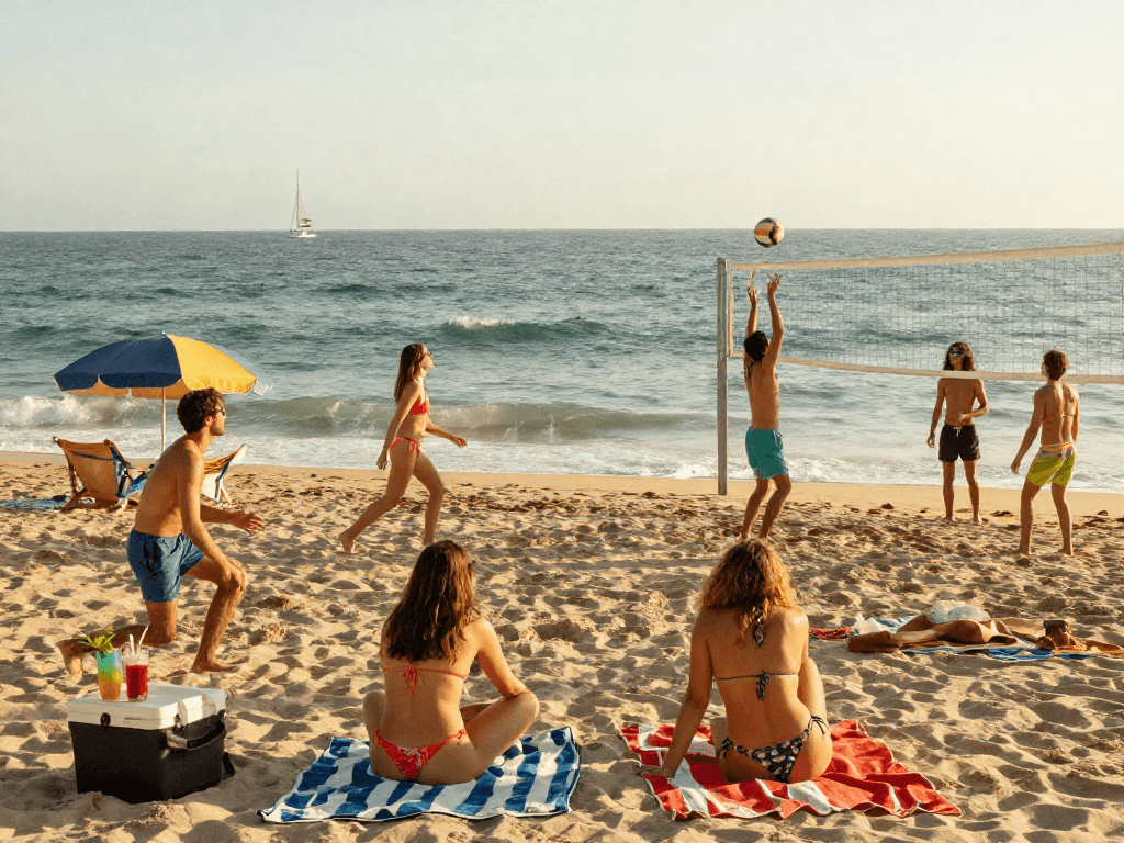 Group of friends in bikinis enjoying a sunny beach day at BIKINISLOT, capturing summer fun and vibrant beach culture.