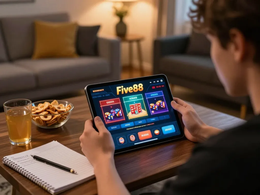 Engaged player using five88 tablet for strategic betting at home