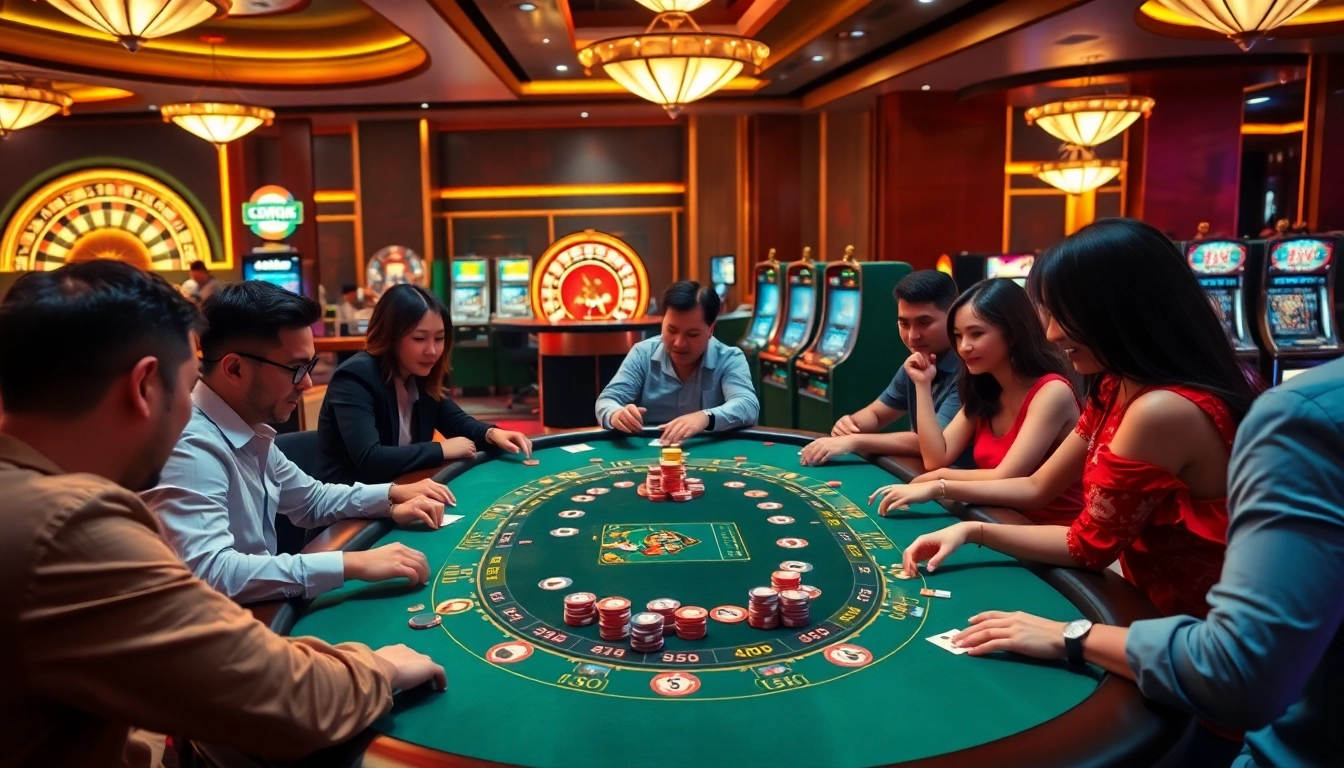 Experience the excitement of 68 game bài at a luxury poker table with colorful chips and vibrant players.