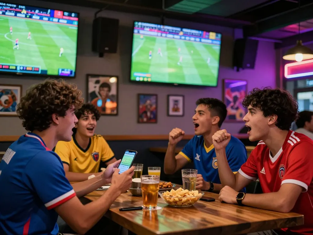 Fans enjoying a football match while checking nowgoal for live scores and betting odds.