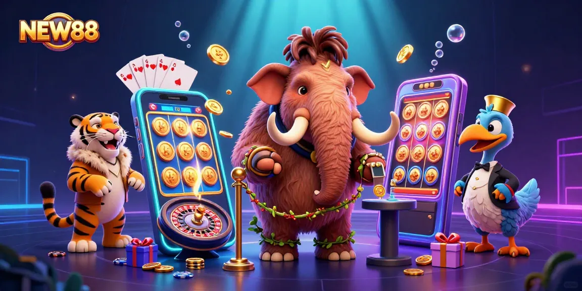 Play exciting slot games at NEW88 with colorful jackpots and vibrant casino characters.