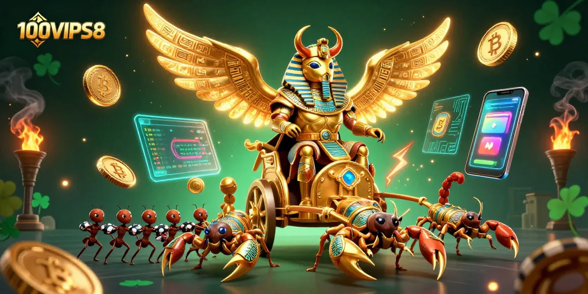 Engage with the dynamic 100VIPS8 gaming scene featuring a golden scarab beetle and shimmering crypto elements.