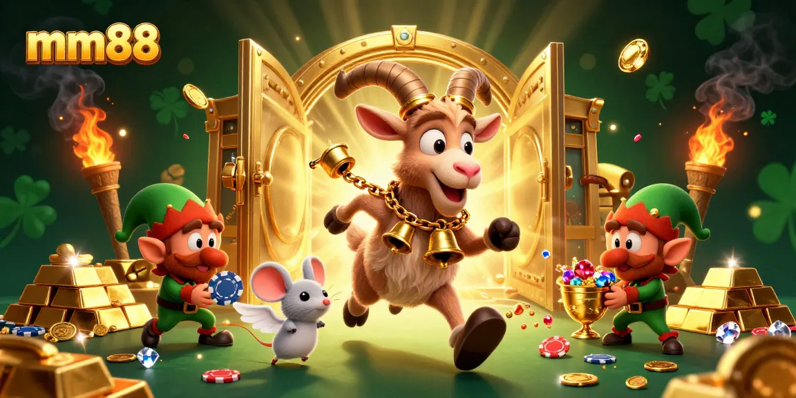 mm88 thrills as Krampus goat oversees a bustling casino scene with festive chaos and enchanted treasures.