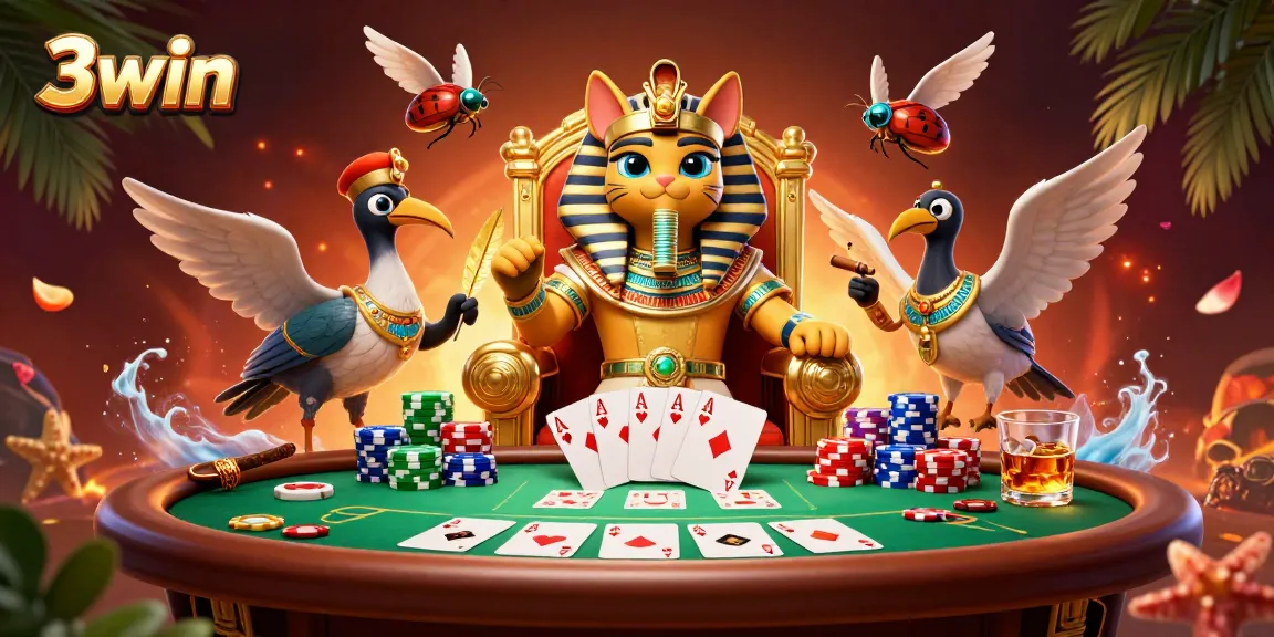 Experience the thrill of 3win gaming with vibrant characters amid a dynamic poker scene.