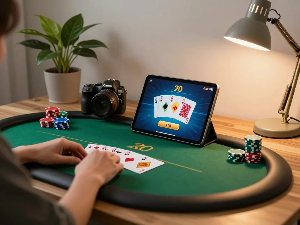 Player enjoying a poker game on Bay789 platform in cozy home setup with tablet and chips.