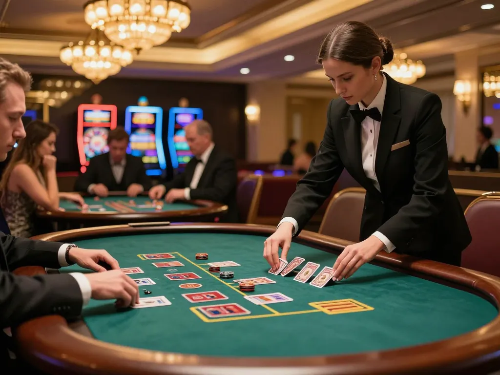 Players engage in a thrilling baccarat game at hay88x's luxurious casino under warm lighting.