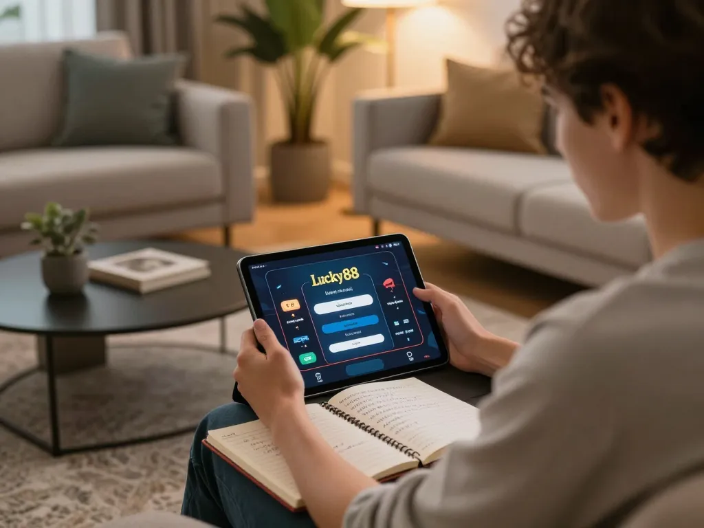 Enjoy Login Lucky88 online casino gaming on a tablet in a cozy home setting, enhancing strategic gameplay.