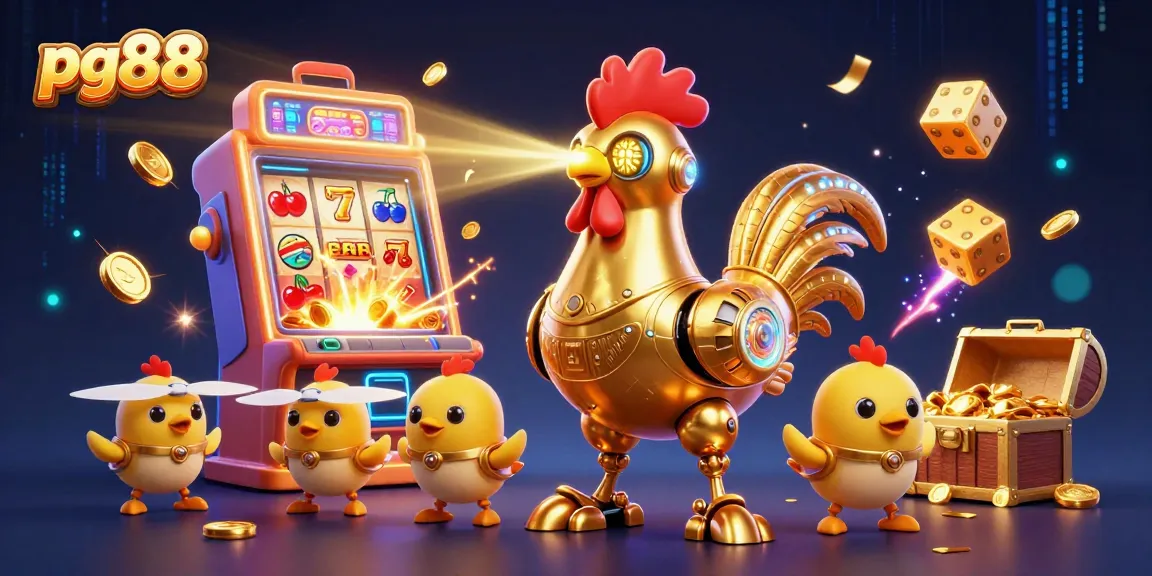 pg88 ignites excitement with a golden rooster robot and jackpots bursting in a thrilling casino scene