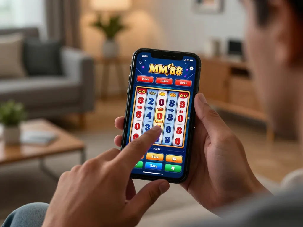Playing the MM 88 slot game on a mobile device, showcasing engaging gameplay action and relaxed atmosphere