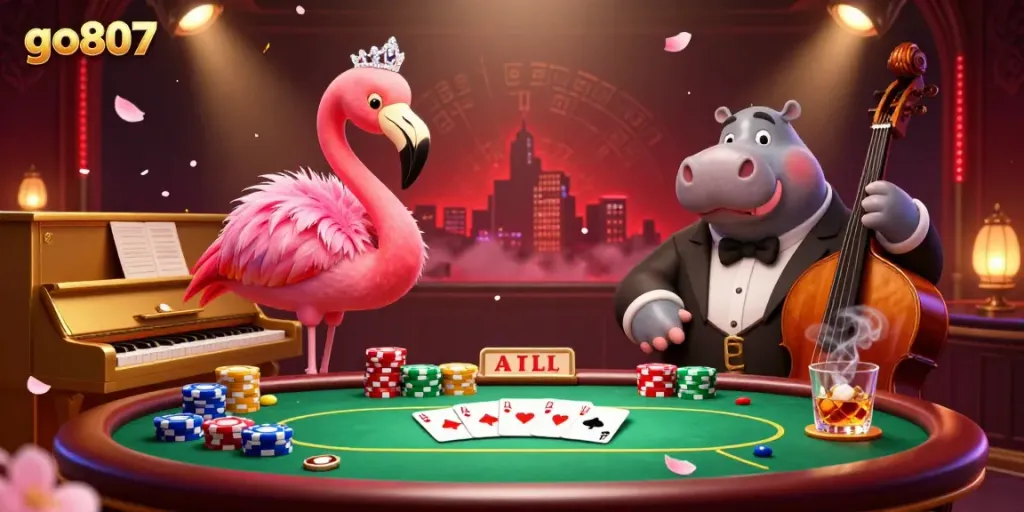 Experience the thrill of go807 as the flamingo singer entertains at a vibrant casino with poker elements.