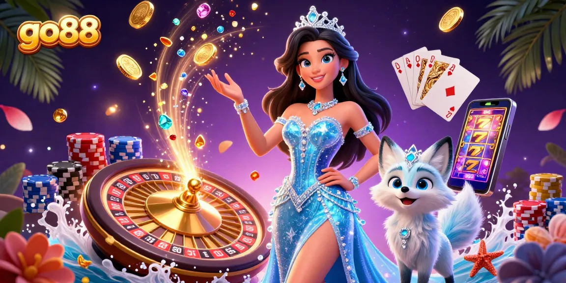 Engage with go88 for upscale online gaming excitement, featuring a 3D illustration of vibrant casino characters and dynamic elements.