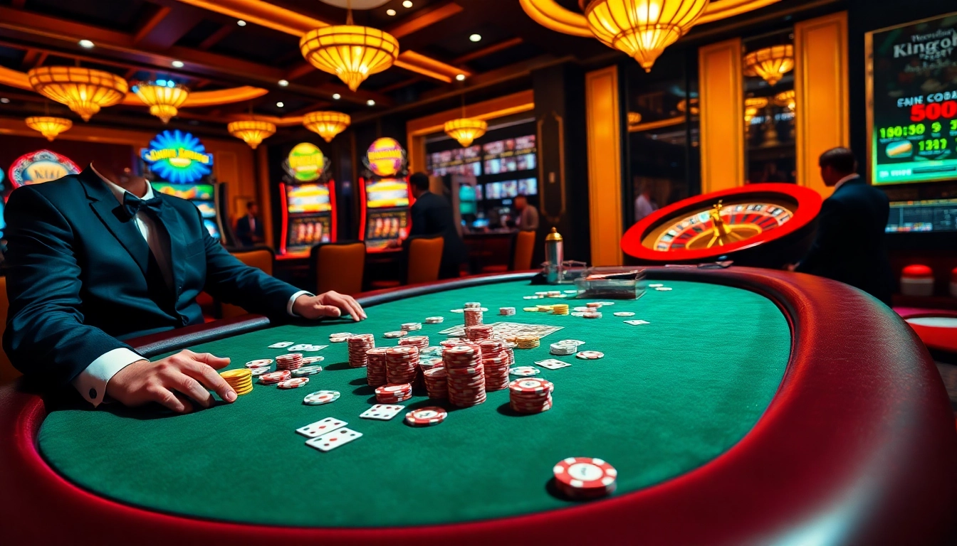 Experience the thrill of king88 with vibrant casino visuals, showcasing poker and slot games.