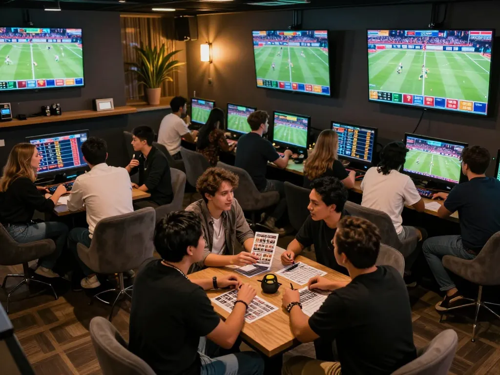 Fans excitedly discussing keo nha cai and live betting options at a sports betting lounge.