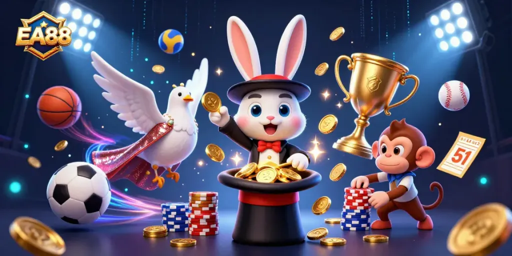 Join the fun at EA88, where a magician rabbit, dove, and monkey create a magical casino atmosphere.