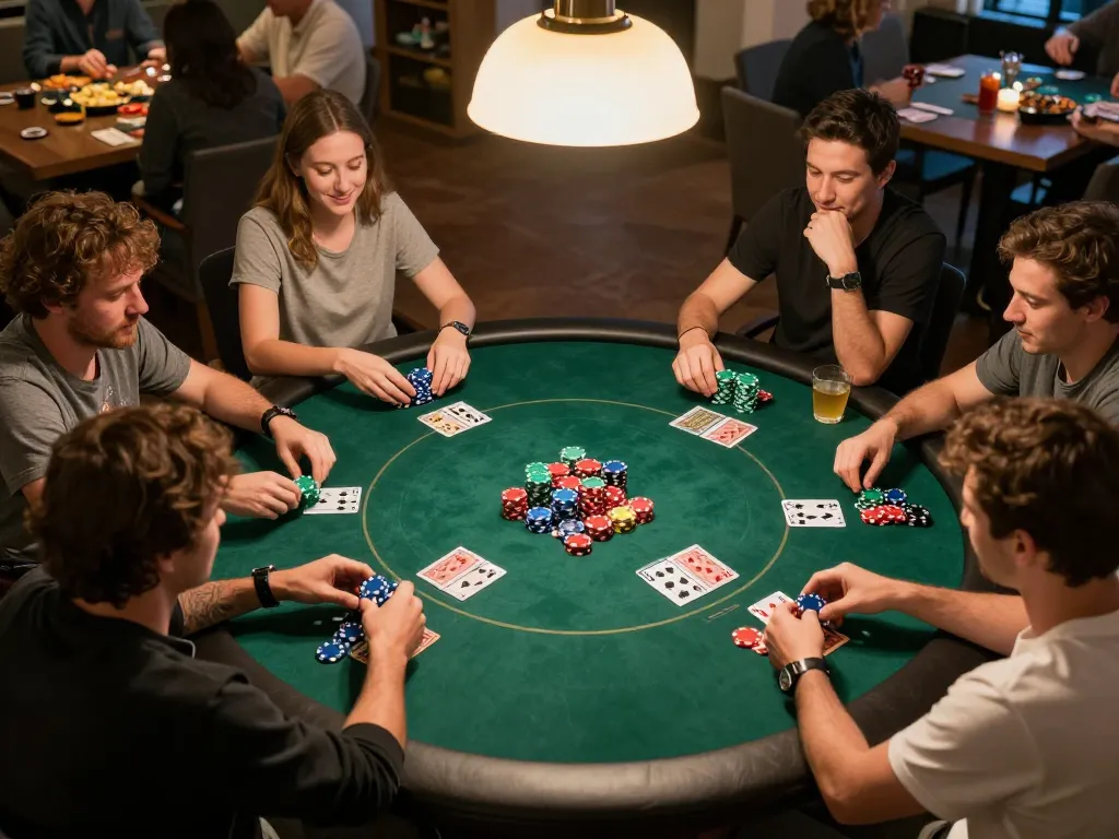 Players engaged in a thrilling poker game with a focus on tỷ lệ nhà cái, showcasing strategy and chips on the table.