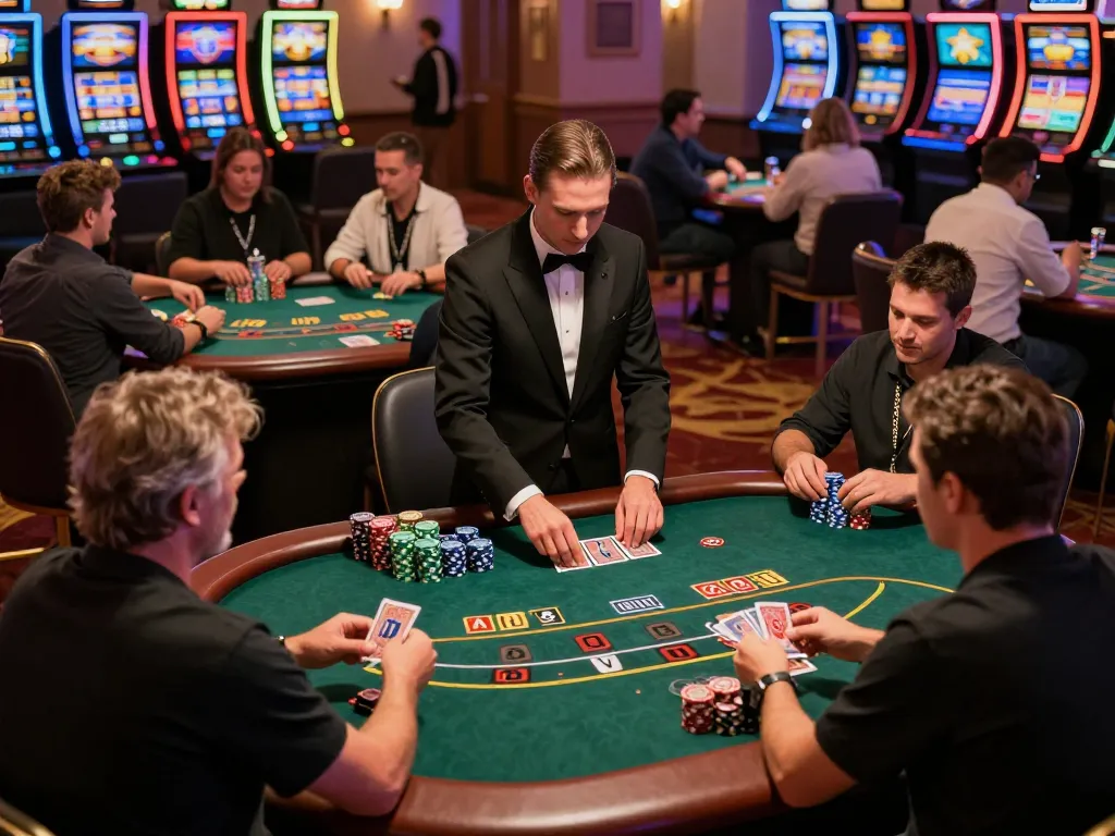 Players strategize and engage in blackjack at the energetic 7M casino floor