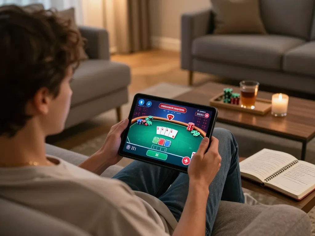 Person enjoying online poker at home, engaging with tablet while tracking bankroll using notes, showcasing the skillful planning involved in responsible gambling.