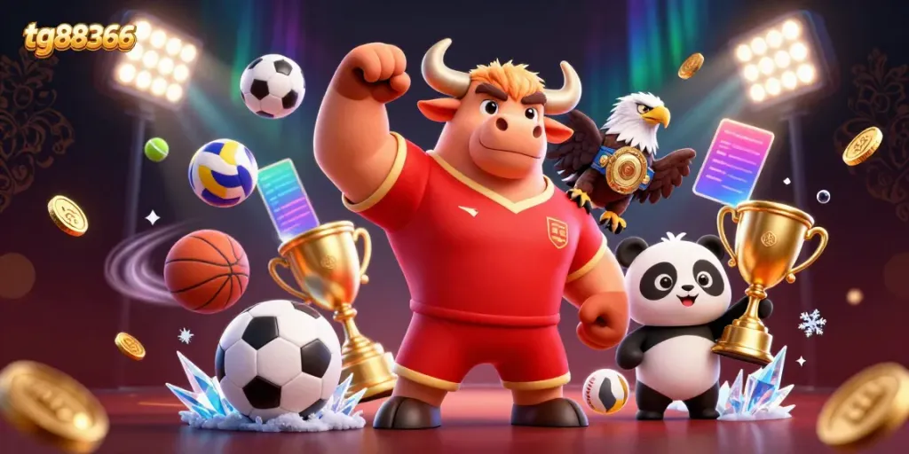 Engage in exciting games on tg88366 with a lively scene featuring a bull, eagle, and panda celebrating wins.