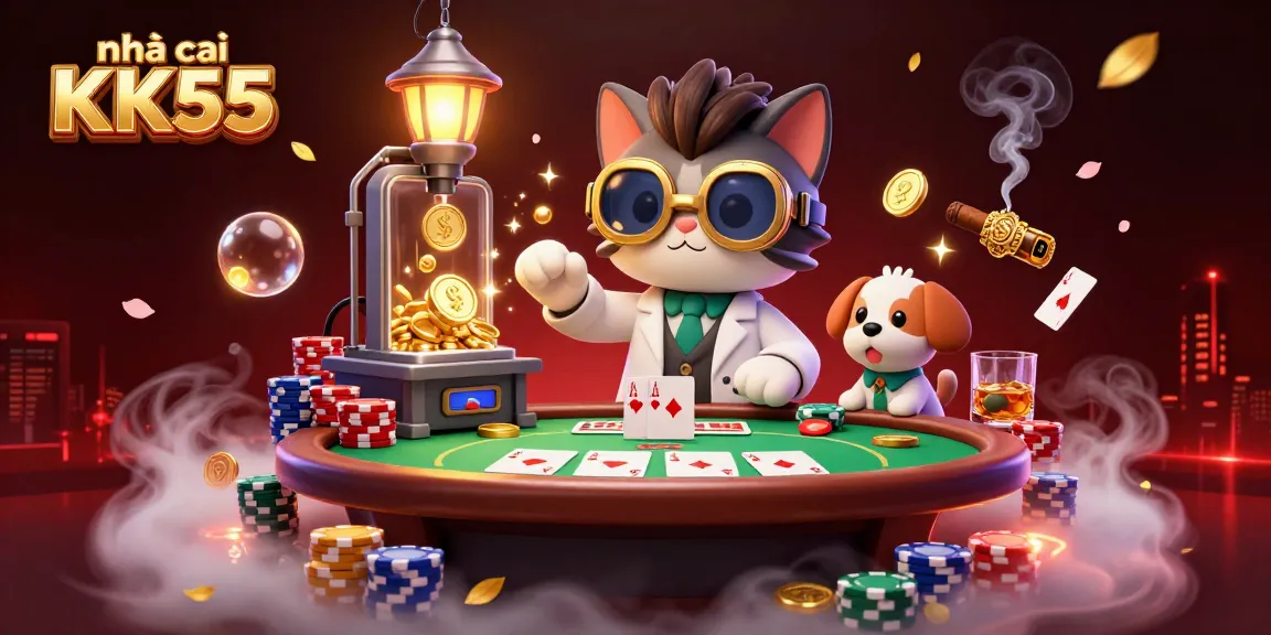 Engage with nhà cái KK55 through this dynamic 3D scene illustrating vibrant casino elements and exciting games.