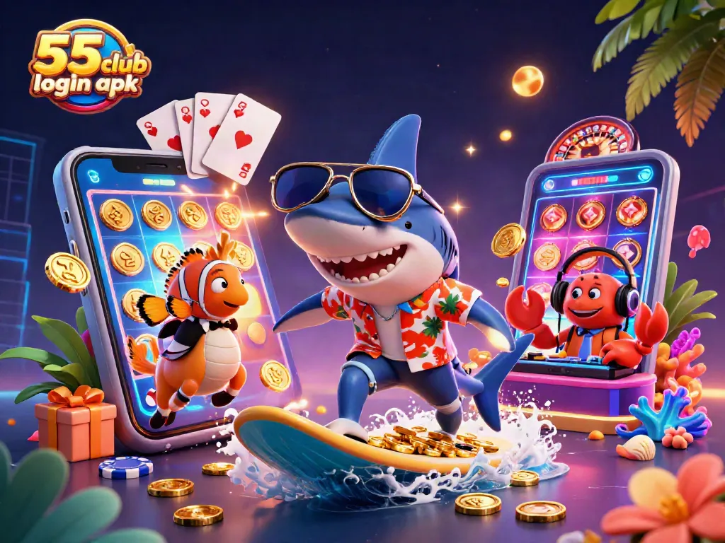 Surf thrilling games with 55 club login apk on a vibrant, action-packed underwater scene.