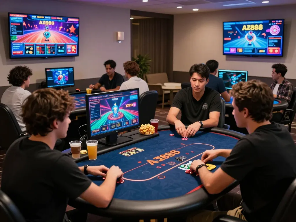 Engaged players enjoying an online gambling session at AZ888 with vibrant 3D game graphics.
