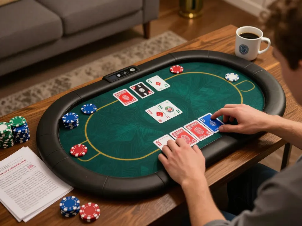 E2bet online poker game setup with active betting, relaxed home environment.
