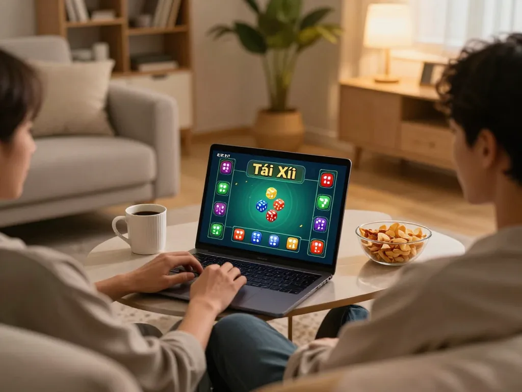 TaiXiuOnlineGo player engaging in online dice game from comfortable home setting.