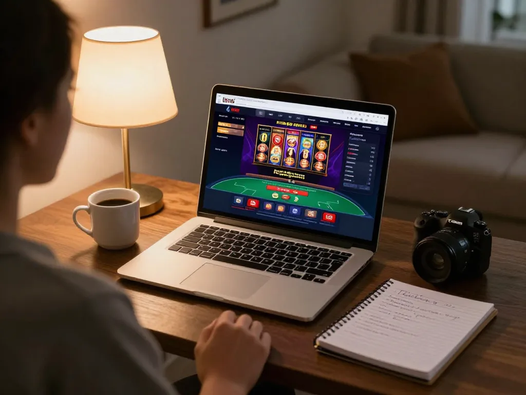 Engaged user playing online poker and slots on com from their cozy living room setup