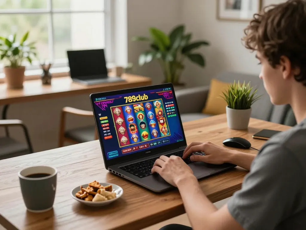Engaged player experiencing the excitement of 789club games on a modern laptop in a stylish home office.