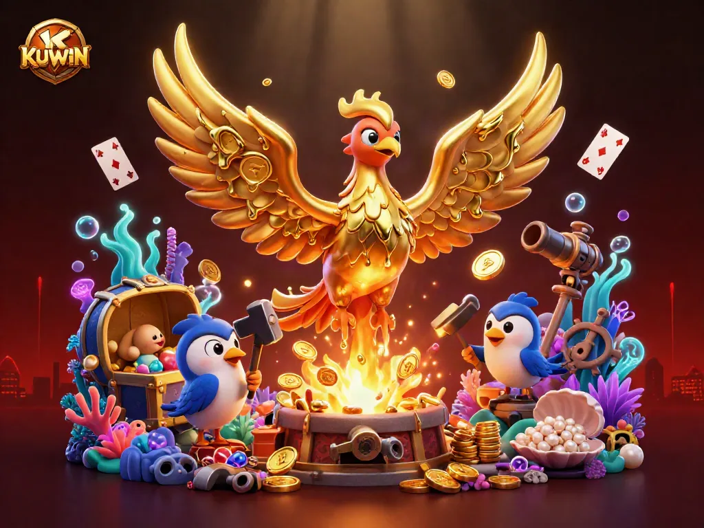 KUWIN players experiencing the thrill of winning as golden coins rain down from a phoenix.