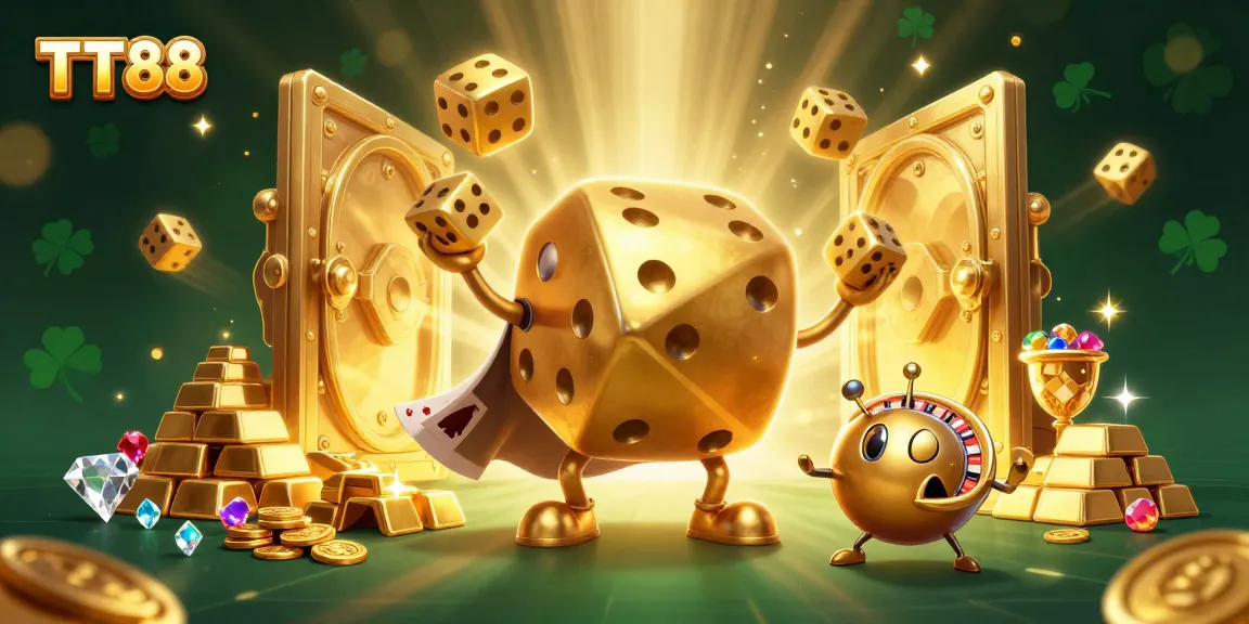 Experience the excitement of TT88 with our vibrant, dynamic casino illustration filled with golden treasures.