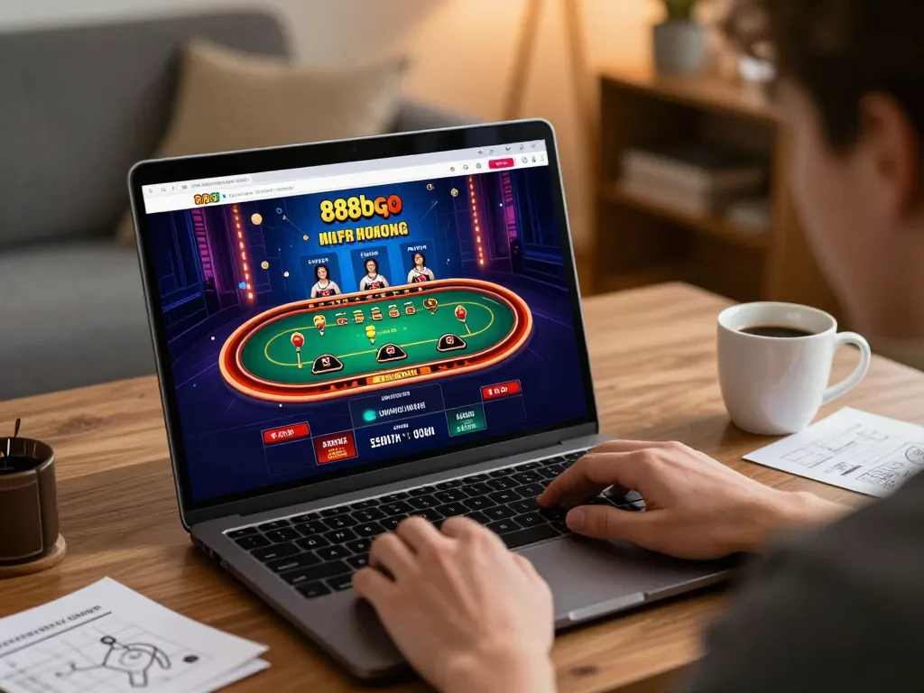 Engaging with 888bgo online casino platform during a home gaming session.