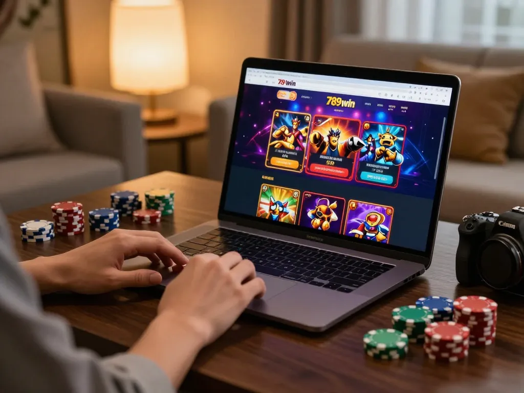 Engaging scene of online gaming at trang chủ 789win with vibrant games displayed on laptop.