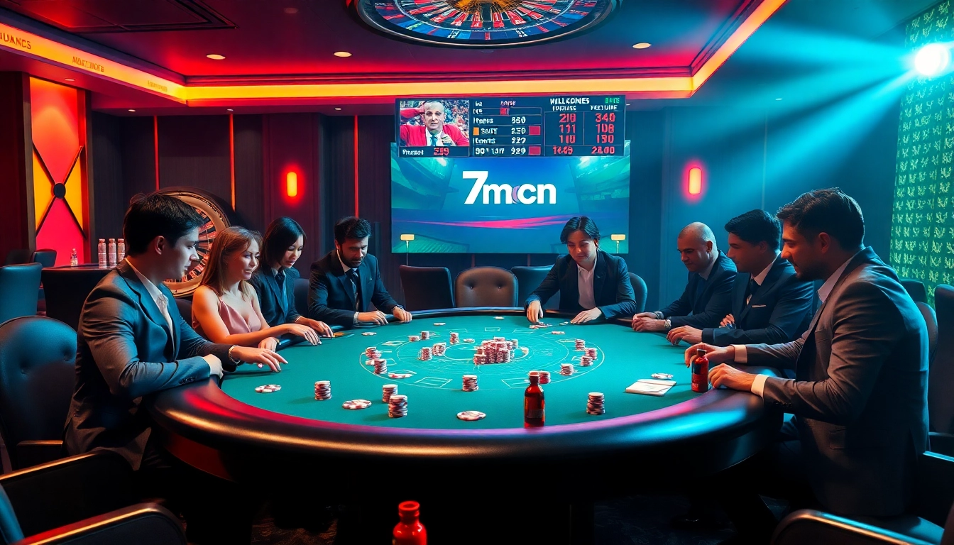 Engaged players at a luxurious poker table with sports scores featuring 7mcn for an immersive gambling experience.