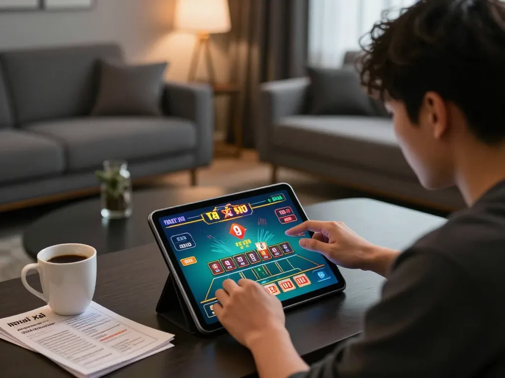 Tai xỉu online player placing a bet on tablet in a cozy living room setting.
