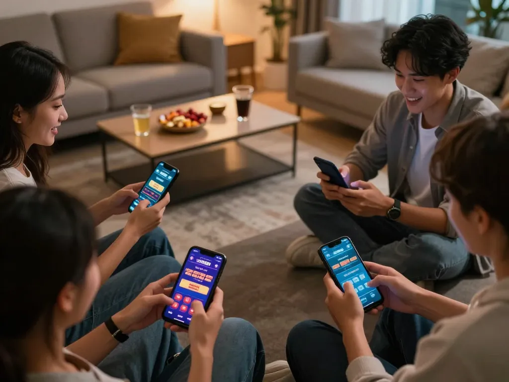 Active players engaging with xin88 on mobile devices in a cozy living room during an online gaming session.