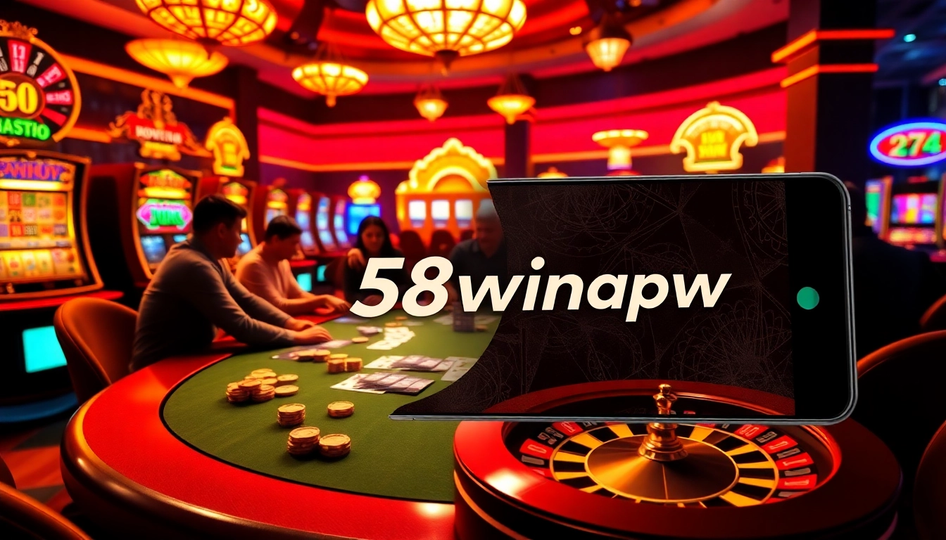 Experience the thrill of 58win apk at a vibrant poker table in a luxurious casino environment.