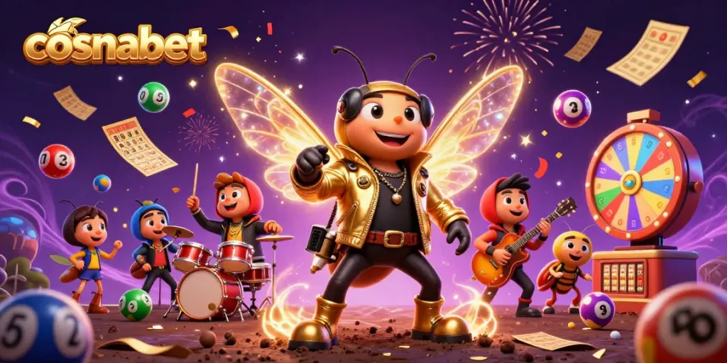 Engage with cosmobet’s thrilling vibes in this vibrant 3D casino illustration featuring a rock star cicada and dynamic prizes.