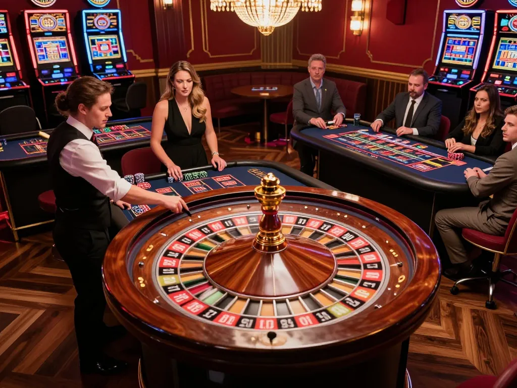 Experience go89 winning moments at an upscale roulette table in a vibrant casino setting.