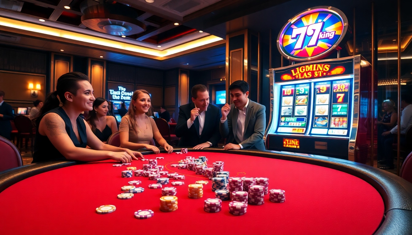 79king players celebrating wins at a dynamic casino table with vibrant slot machines.