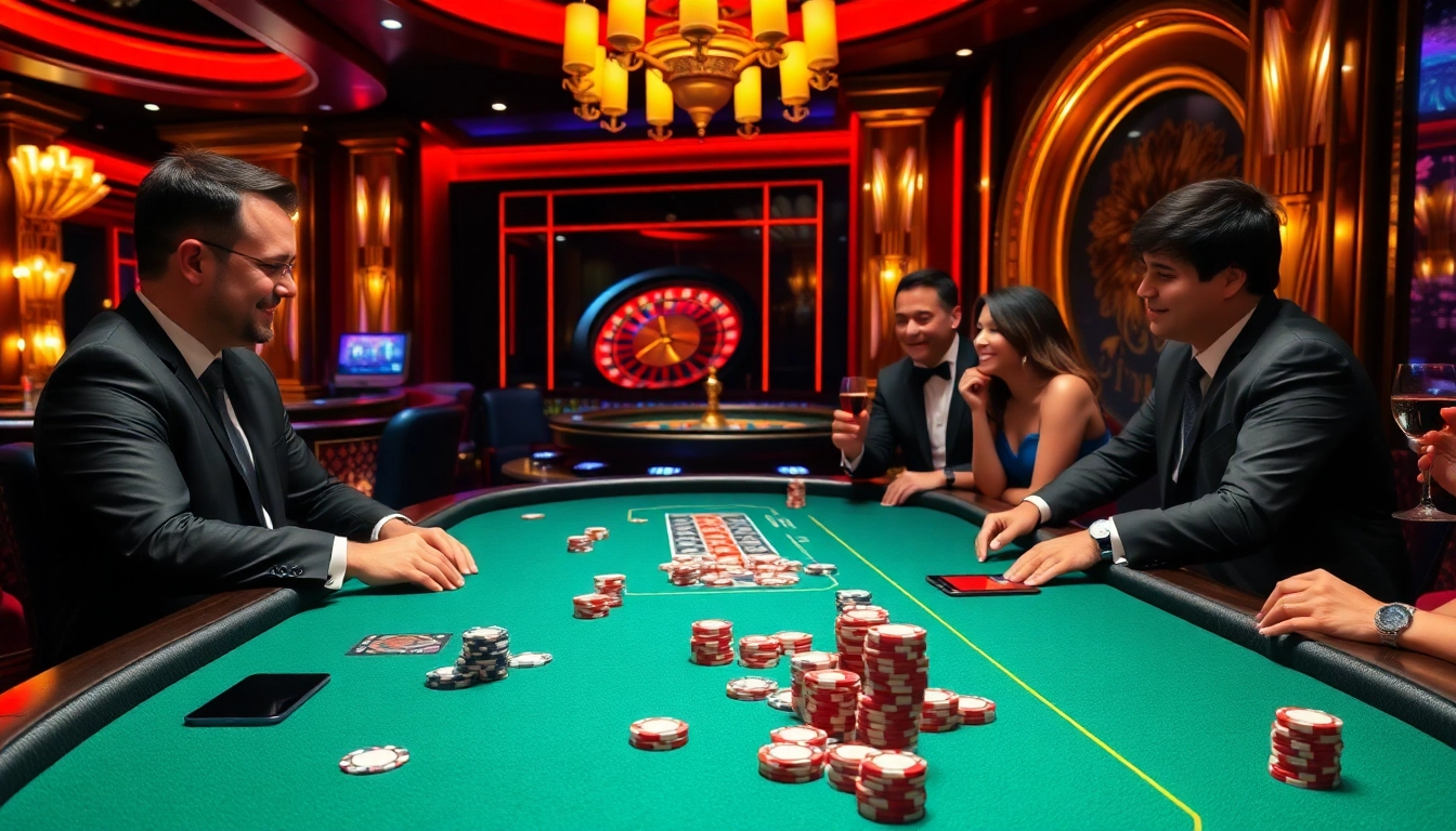 Experience high-stakes gambling with uk88 as players engage in poker and roulette in a luxurious casino.