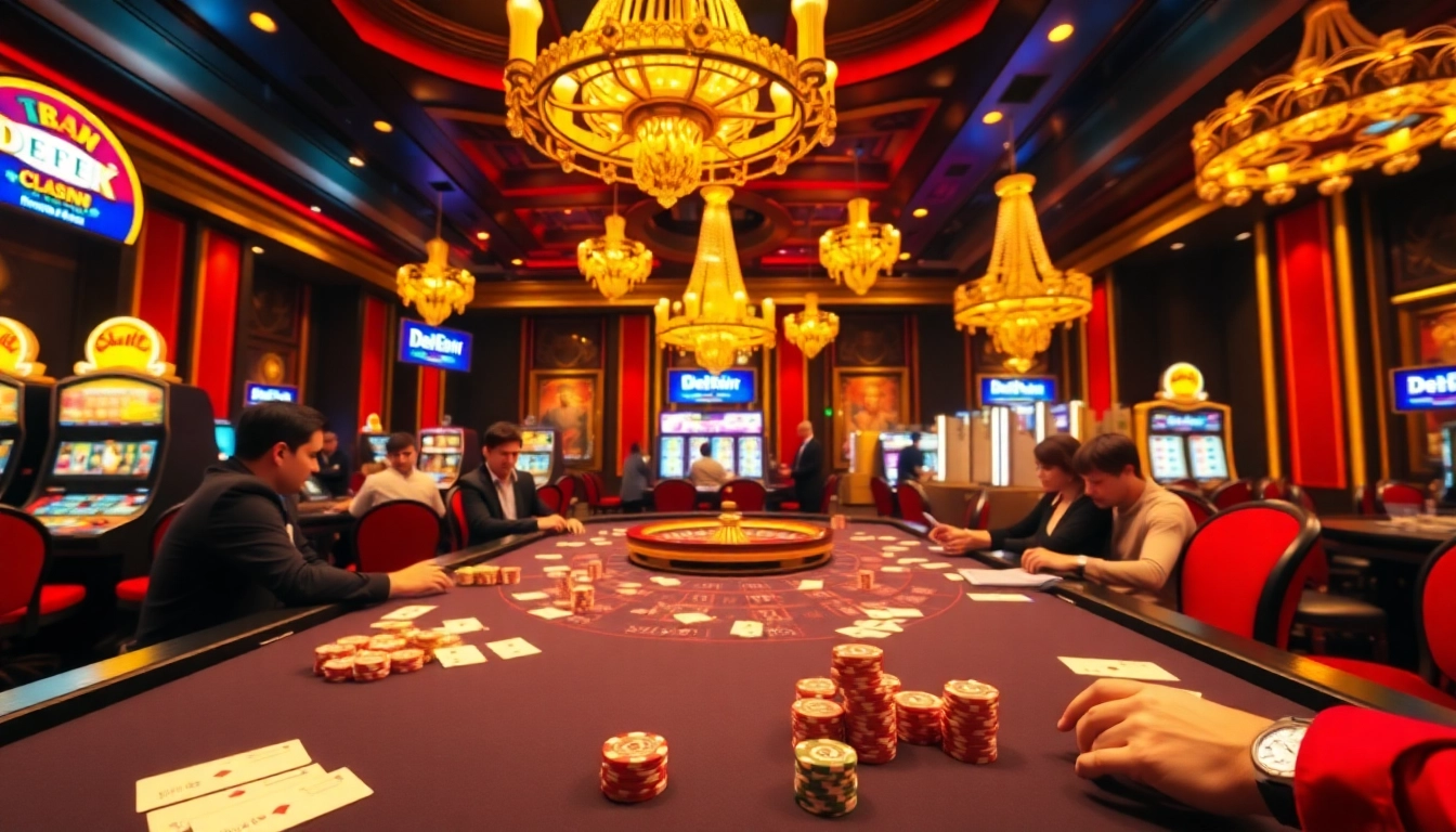 Exciting gaming action at Debet Com casino table with vibrant poker chips and players.