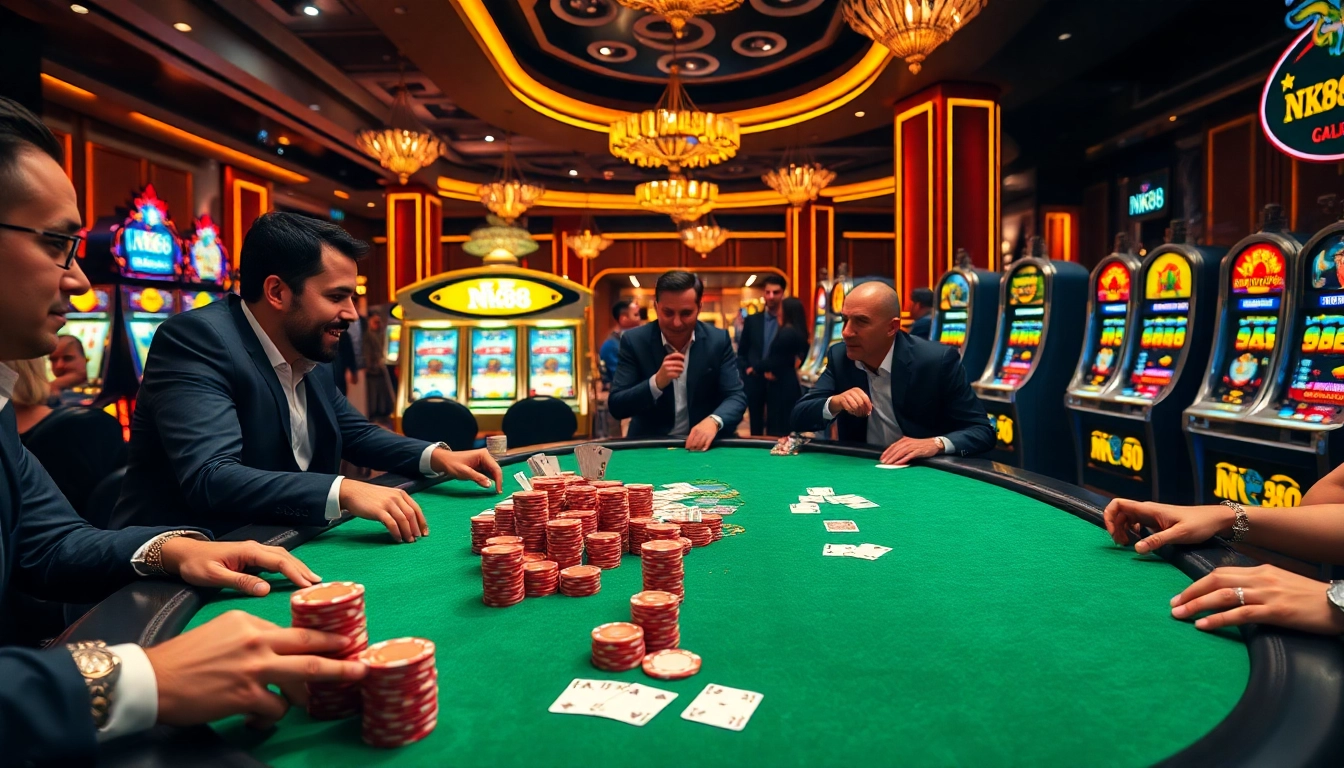 Engaging scene of NK88 poker players at a vibrant casino table with colorful chips and cards in play.