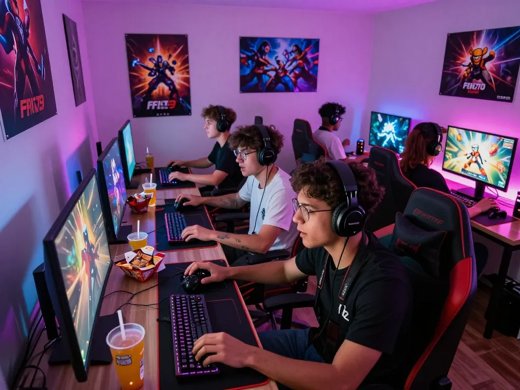 Fun79 gamers enjoying an immersive gaming experience in a lively home setting with colorful LED lights.