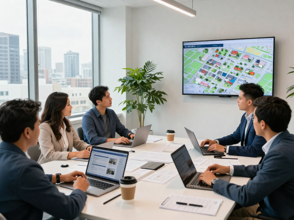 Real estate agents discussing IDXSTAR technology in a modern office.
