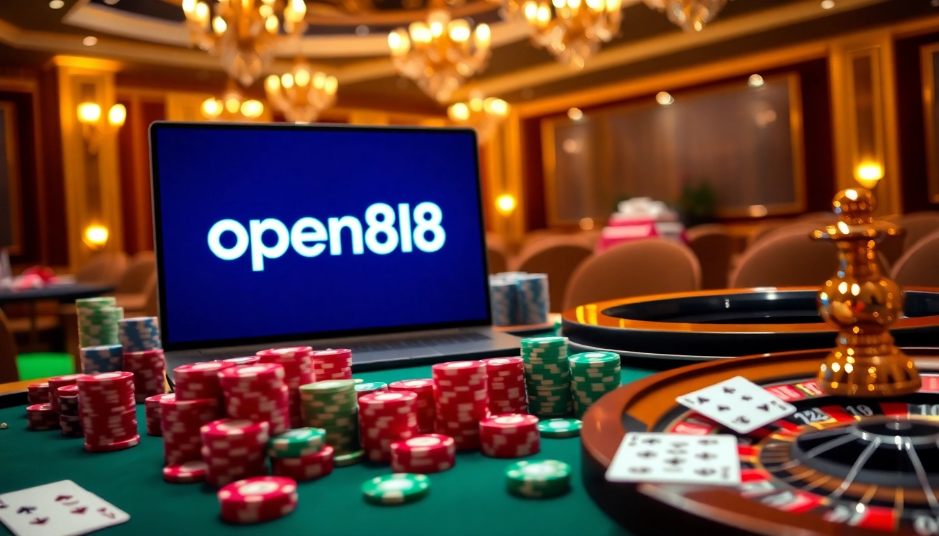 Experience the excitement of open88 with vibrant casino elements like poker chips and a roulette wheel.