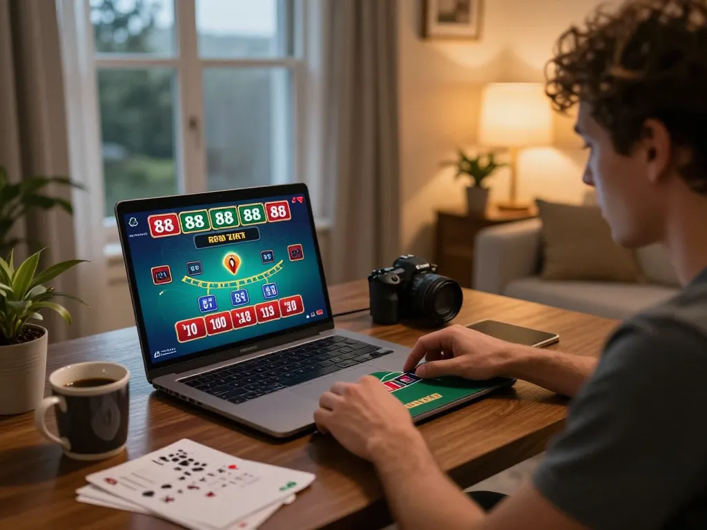 Engaging in blackjack on five88's online casino platform in a cozy home setup.