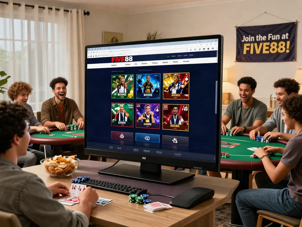 Group of friends enjoying online gaming at FIVE88, showcasing sports betting and casino excitement.
